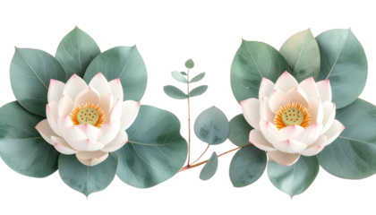 Two soft-pink lotus blooms with green leaves and accents against a black background