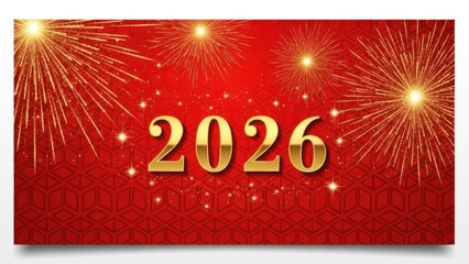 Luxury 2026 new year celebration background with golden numbers and bright fireworks over red pattern