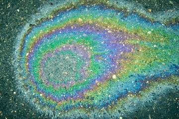 Multicolored oil stain on the asphalt road, providing a striking abstract design.