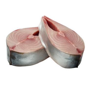Two Fresh Raw King Mackerel Fish Steaks Isolated on White Background for Healthy Seafood Cooking