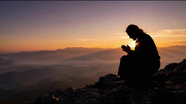 Cinematic Silhouette of Jesus Christ Praying on Mountain Peak During Golden Sunrise, Biblical Spiritual Concept, 4K Religious Video Background