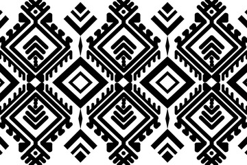 Seamless black and white tribal geometric pattern, diamond shapes, ethnic textile, flat vector design.