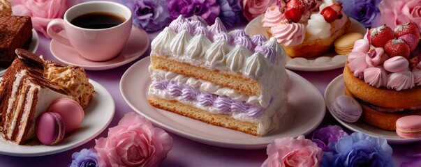 A delightful assortment of colorful desserts including cakes, macarons, and flowers elegantly arranged on a table with coffee