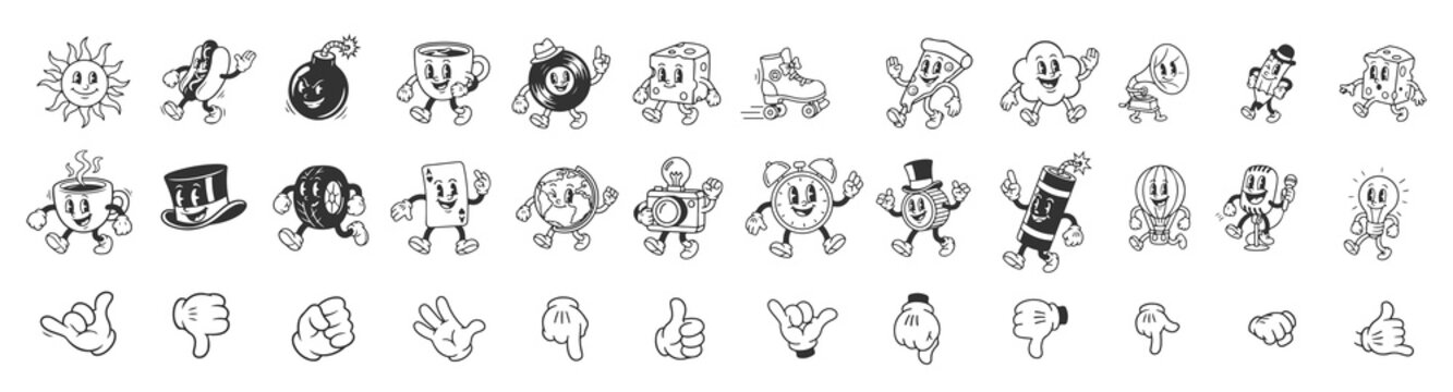 Vintage 30s Style Mascot Characters Collection, Happy Food and Beverage Symbols with Arms and Legs, Classic Hand Sign Mega Pack.