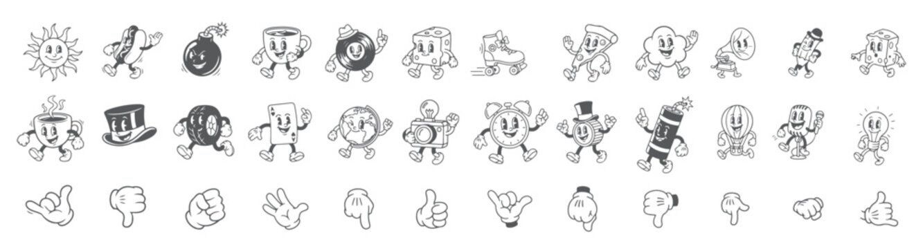 Vintage 30s Style Mascot Characters Collection, Happy Food and Beverage Symbols with Arms and Legs, Classic Hand Sign Mega Pack.