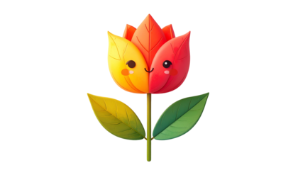 A cartoon tulip with a smiling face, split into orange and yellow, on a dark backdrop