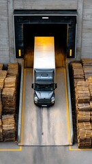Obraz premium A delivery van driving through a loading dock surrounded by stacked wooden pallets, casting shadows on the ground