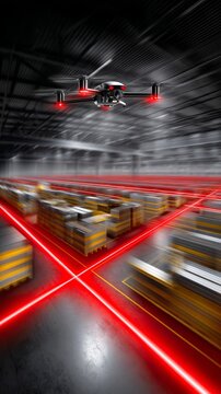 Drone flying over a warehouse with illuminated LED route lines marking pathways among stacked pallets