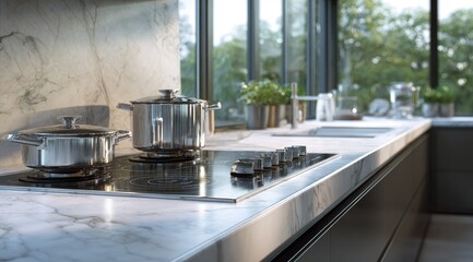 Modern kitchen counter with marble, cooktop, pots, and window view