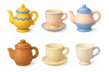 Whimsical cartoon teaware icons for creative design and decor projects