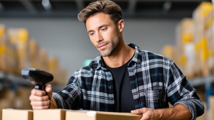 A man scanning boxes with a barcode scanner in a warehouse during an inventory check