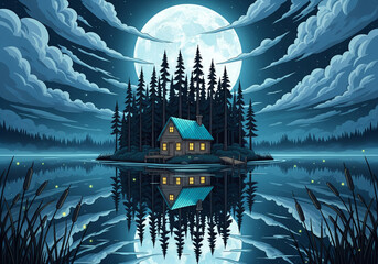 Tranquil Lakeside Cottage: A picturesque cottage nestled on a serene island under a luminous moon, its gentle light reflecting on the calm lake surface, creating a dreamy and peaceful landscape.