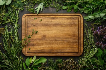 A rustic wooden cutting board surrounded by an array of vibrant fresh herbs, ready for culinary creation, showcasing rich wood grain and deep green hues.