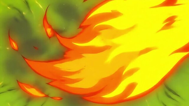 Intense yellow fire bursting from the center with orange sparks fireballs shooting and smoke on a green screen chroma key background 