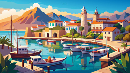 Fototapeta premium Very beautiful panoramic view of Kyrenia harbour in Cyprus, showcasing traditional boats, clear waters, and charming coastal architecture along the Mediterranean shore.