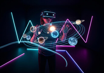 Gazing the Cosmos with VR: A person wearing a virtual reality headset, exploring a vivid cosmic scene filled with planets, stars, and neon outlines, a fusion of technology and space exploration.