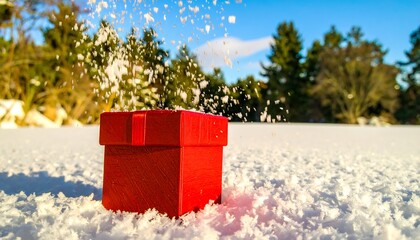 Red gift box in snow, snow falling
