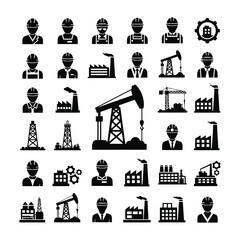 Industrial icons collection featuring oil rigs and workers in various roles