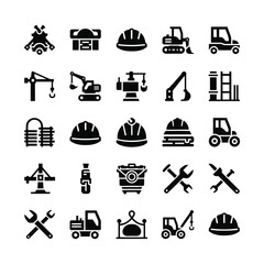 Construction Site Icons Featuring Various Tools and Machinery Equipment