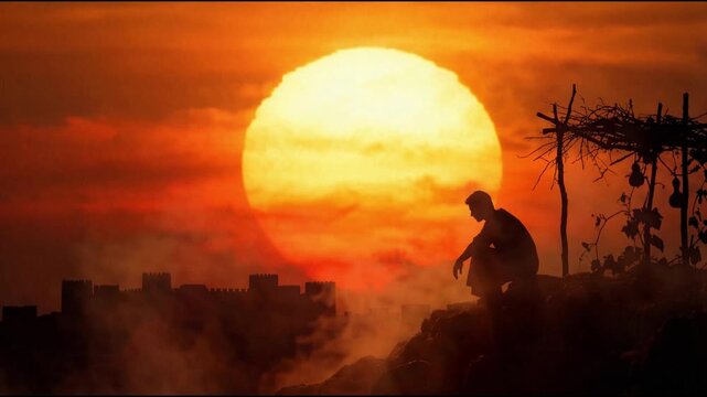 Prophet Jonah Sitting Outside Nineveh in Hot Sun Silhouette, Biblical Story of Mercy and Judgment, Old Testament 4K Video