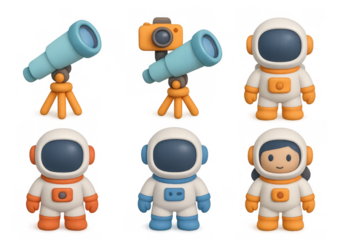 Cute cartoon space icons with telescopes and astronaut characters for design use