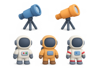 Space exploration icons featuring cute astronauts and telescopes for educational design and decor