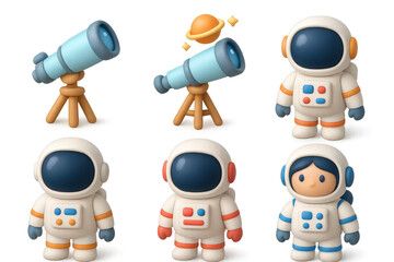 Cute space icon set featuring telescopes and astronauts for fun and educational design