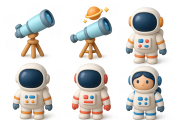 Cute space icon set featuring telescopes and astronauts for fun and educational design