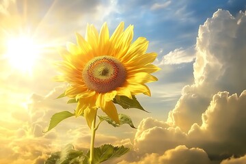 A radiant sunflower reaching for the sun, bathed in golden light against a breathtaking, fluffy cloud-filled sky.