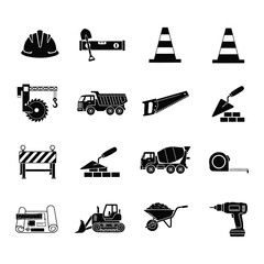 Construction site with various tools and machinery in action from an overhead viewpoint