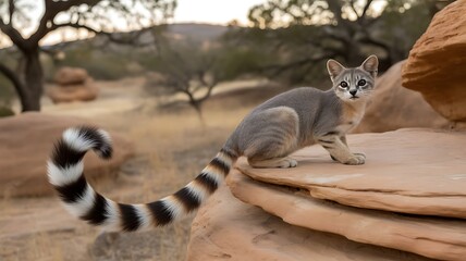 Curious striped kitten with a long ringed tail perched on desert sandstone rocks at sunset in a dry landscape