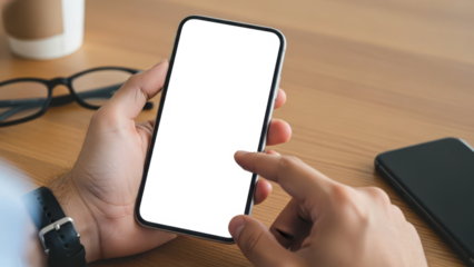 Person using a smartphone with a blank screen, ideal for app display or content