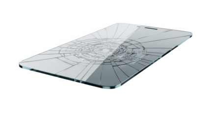 Shattered smartphone screen protector with a web of cracks on a dark background