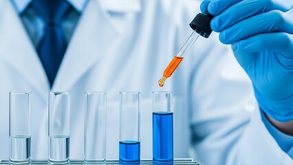 Scientist wearing blue gloves precisely dispenses an orange liquid from a dropper into test tubes during a detailed chemical experiment procedure.