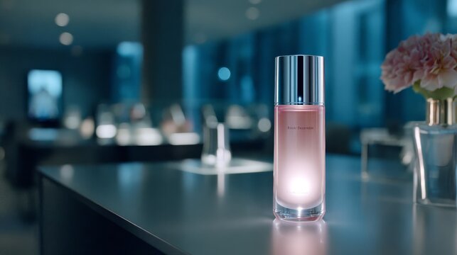 Light pink facial moisturizer in a sleek glass bottle with soft lighting, showcasing skincare elegance