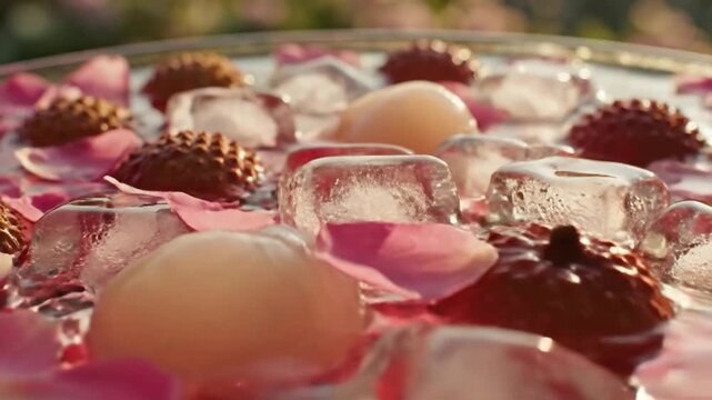 Close up of fresh lychee fruits in ice water with rose petals and ice cubes healthy eating