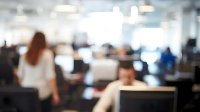 Blurred open-plan office interior with employees at desks and computer monitors in a bright modern workspace - Powered by Adobe