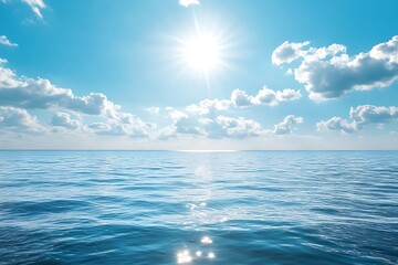 Serene ocean meeting a brilliant sunlit sky, a breathtaking view of endless blue under fluffy white clouds.