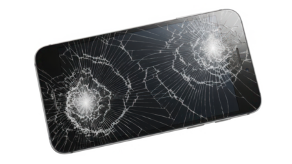 Severely damaged smartphone with a shattered screen showing multiple impact points
