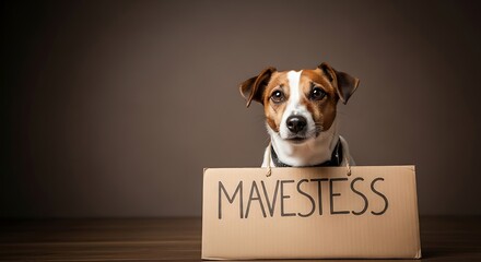 Dog holding sign with Mavestess, looking at camera, brown background.