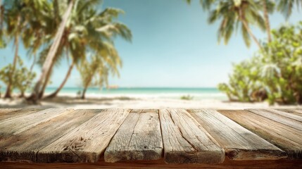 A weathered wooden surface overlooks a blurred coastal scene of sand, palm trees, and ocean under a bright, cloudless sky