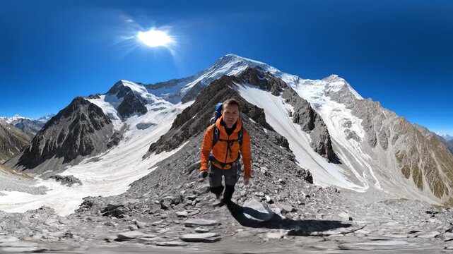 360 VR panorama of a hiker in an orange jacket ascending a rocky ridge. Surrounded by snowy peaks and glaciers under a bright sun. Ideal for virtual reality adventure experiences.