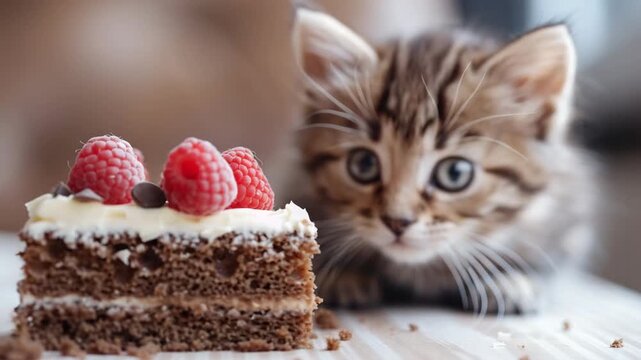 little kitten near a piece of cake