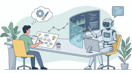 A person and a robot collaborate on a project, with data visualizations and flowcharts on display.