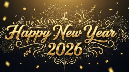 Elegant happy new year 2026 calligraphy with ornate gold swirls