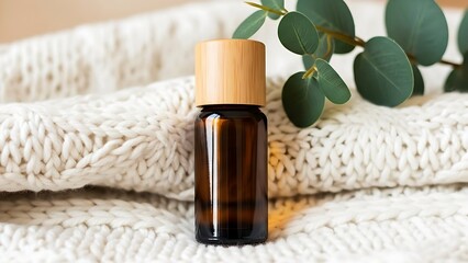Amber glass essential oil bottle with a natural bamboo wooden cap rests gently upon a cozy, thick, cream-colored knitted textile surface.