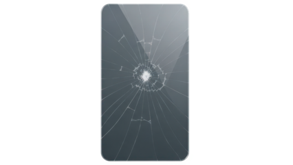 Shattered smartphone screen with radial cracks from a central impact point