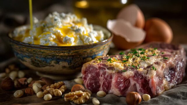 24High-contrast composition of lean steak, smoked fish, cracked eggs, cottage cheese in a ceramic bowl, and scattered nuts, illuminated by a focused spotlight that emphasizes texture