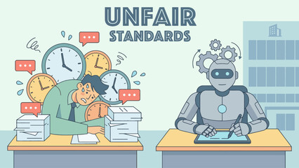 Image depicts a stressed office worker overwhelmed by tasks and clocks, contrasted with a calm, efficient robot working at a desk.