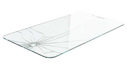 Shattered smartphone screen protector with a prominent impact crack on a black background